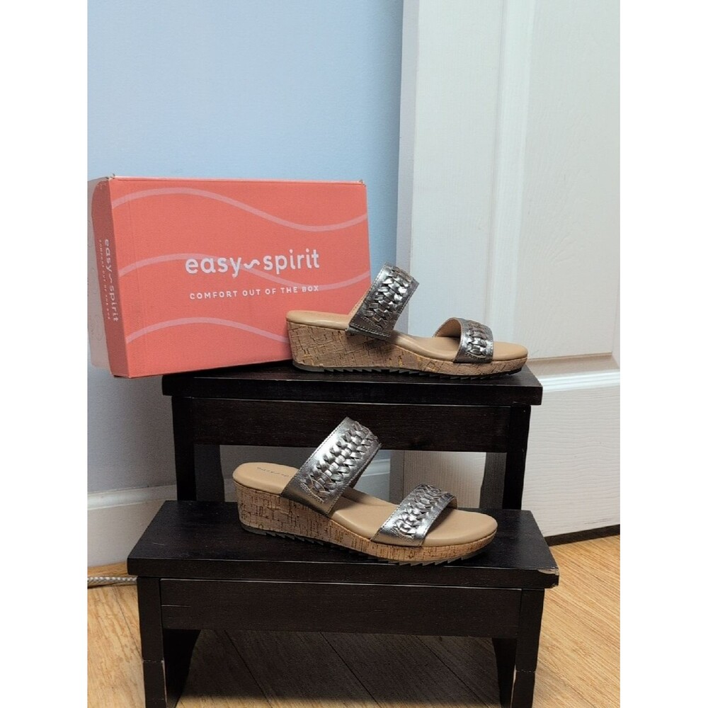Easy Spirit Lillia Metallic Silver Leather Woven DoubleStrap Wedges Sz 7.5M NEW